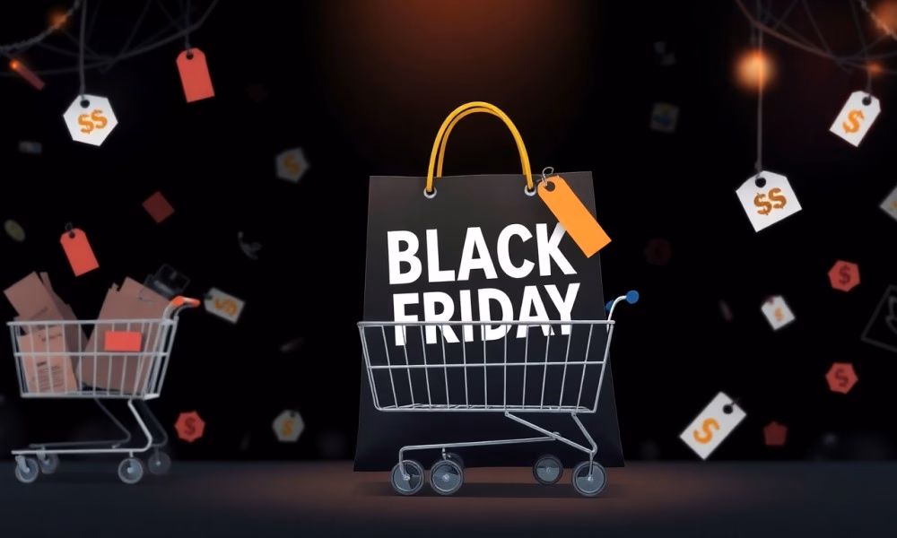 Black Friday illustration with a shopping bag labeled “SALE,” a shopping cart, discount tags, and currency icons