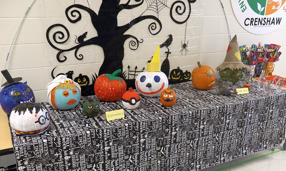 Colorful decorated pumpkins from Crenshaw School’s annual pumpkin decorating contest