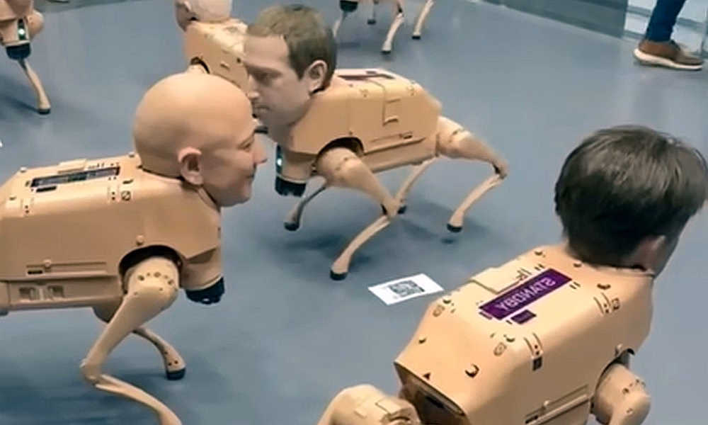 Robot dog art installation featuring lifelike billionaire faces at Art Basel