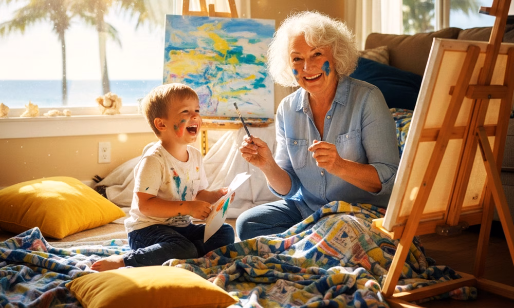 Happy grandmother playing with grandson in a sunny living room illustrating the cognitive benefits of grandparenting
