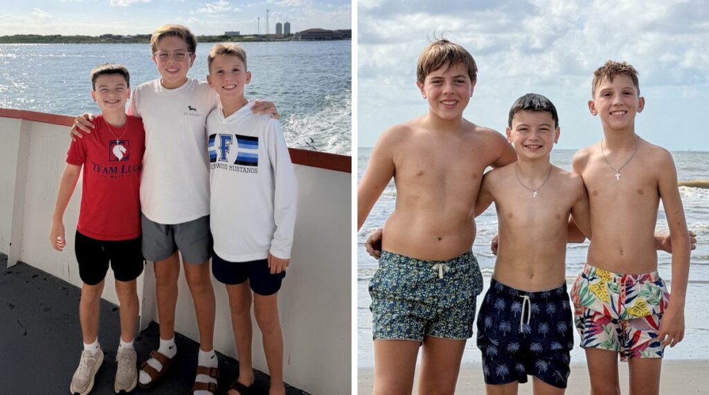 three young boys on the ferry, and on the beach