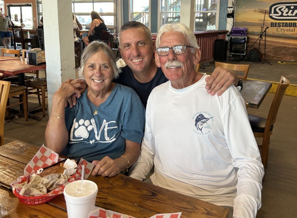 family of three at a restaurant
