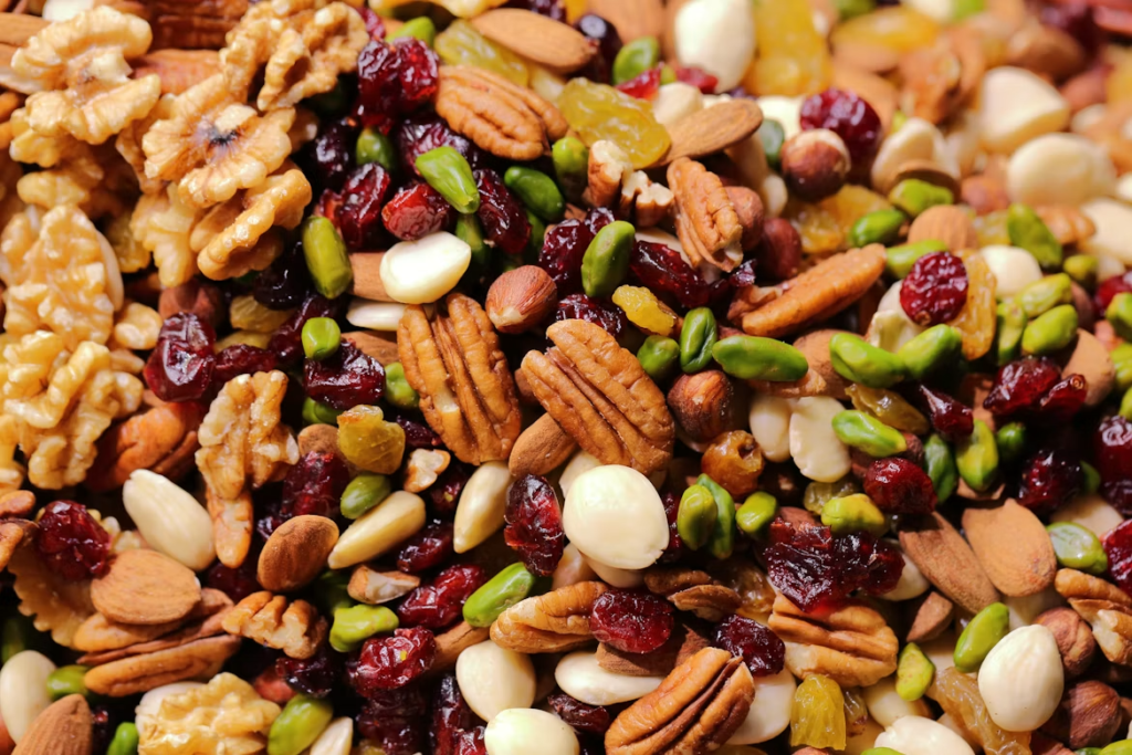 A mix of walnuts, pecans, pistachios, almonds, and dried cranberries